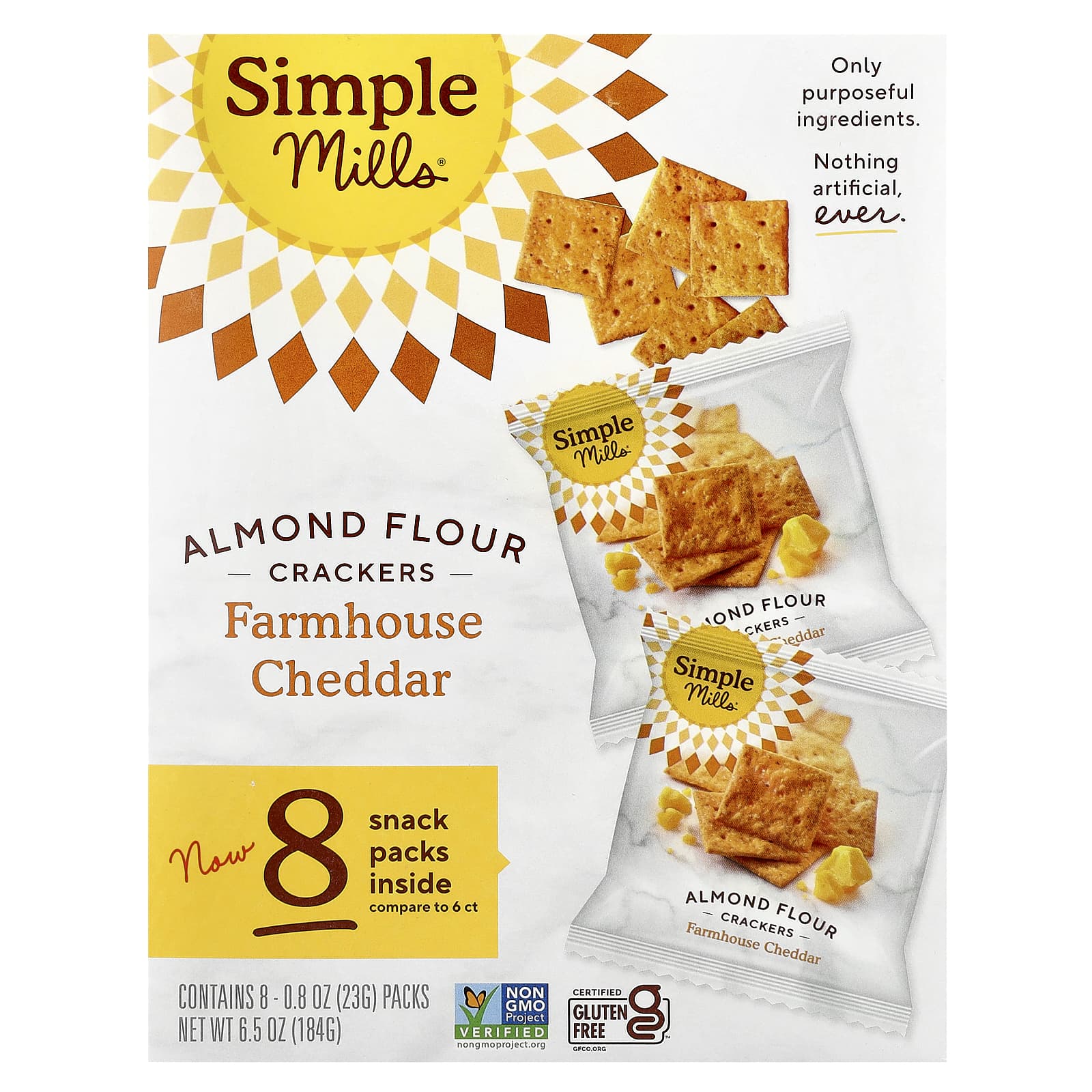 Simple Mills, Almond Flour Crackers, Farmhouse Cheddar, 8 Packs, 0.8 oz (23 g) Each - Image 1