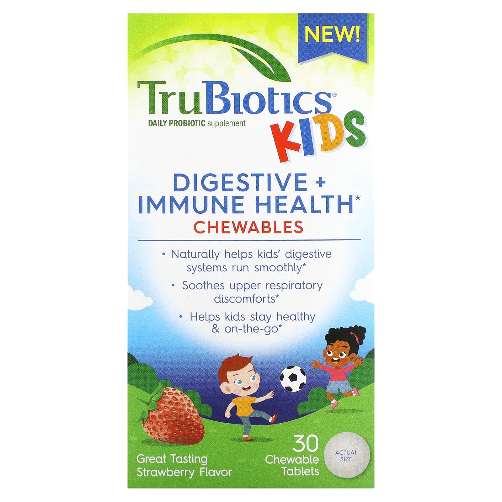TruBiotics, Kids, Digestive + Immune Health Chewables, Strawberry, 30 Chewable Tablets - Image 1