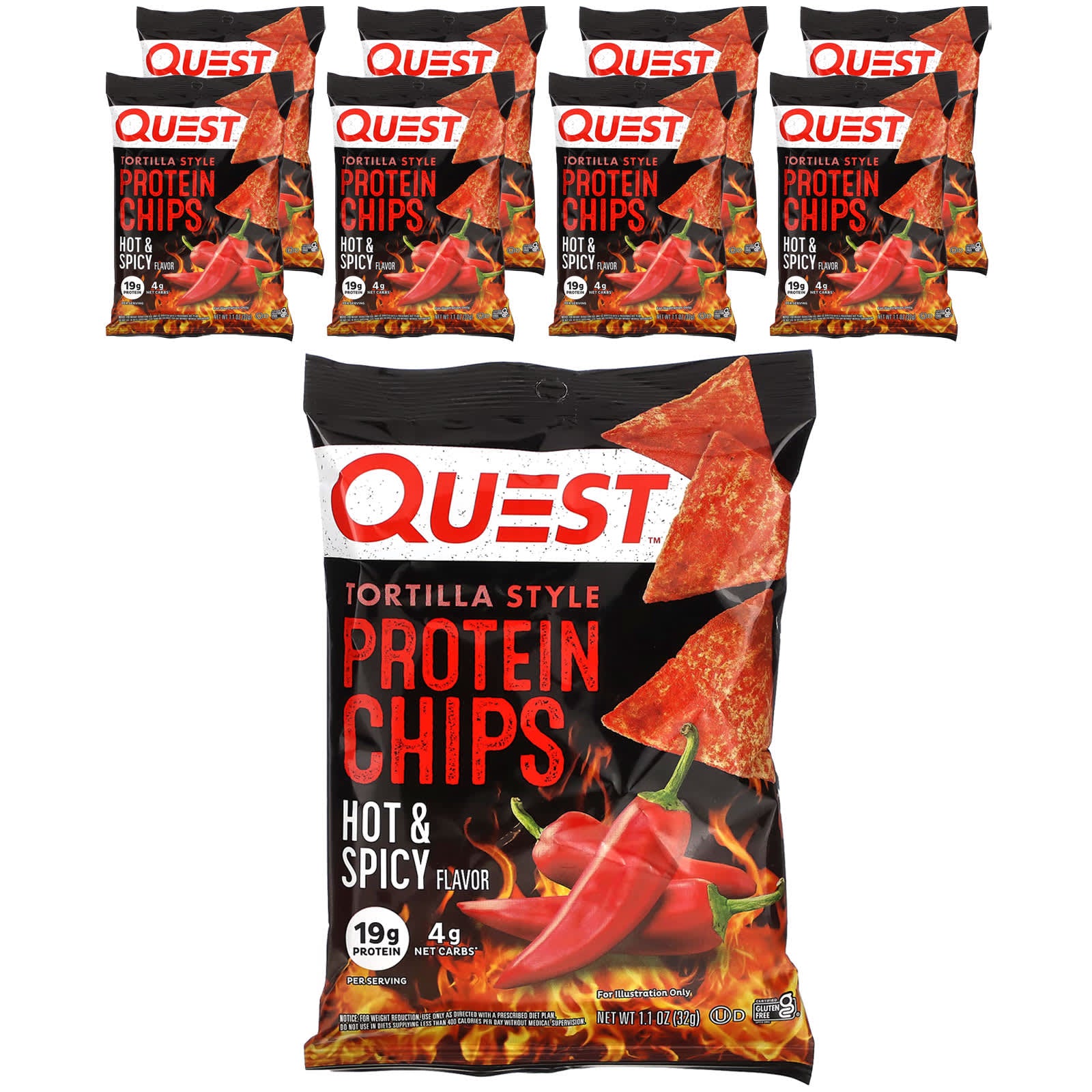 Quest Nutrition, Tortilla Style Protein Chips, Hot & Spicy, 8 Bags, 1.1 oz (32 g) Each - Image 1