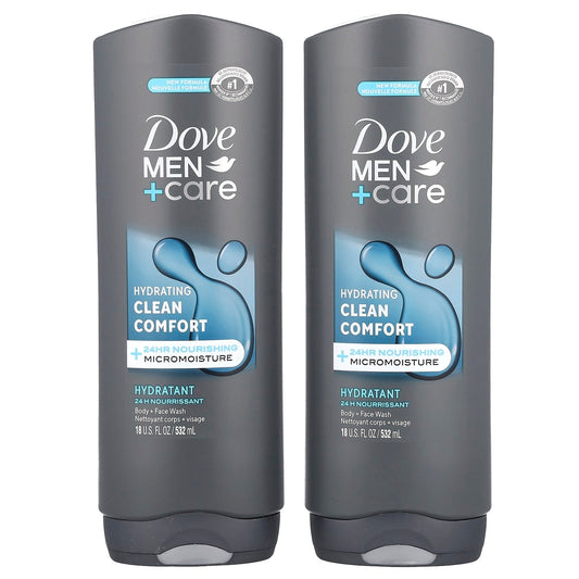 Dove Men+Care Clean Comfort Body & Face Wash, 2 Pack, 18 fl oz Each - Image 1