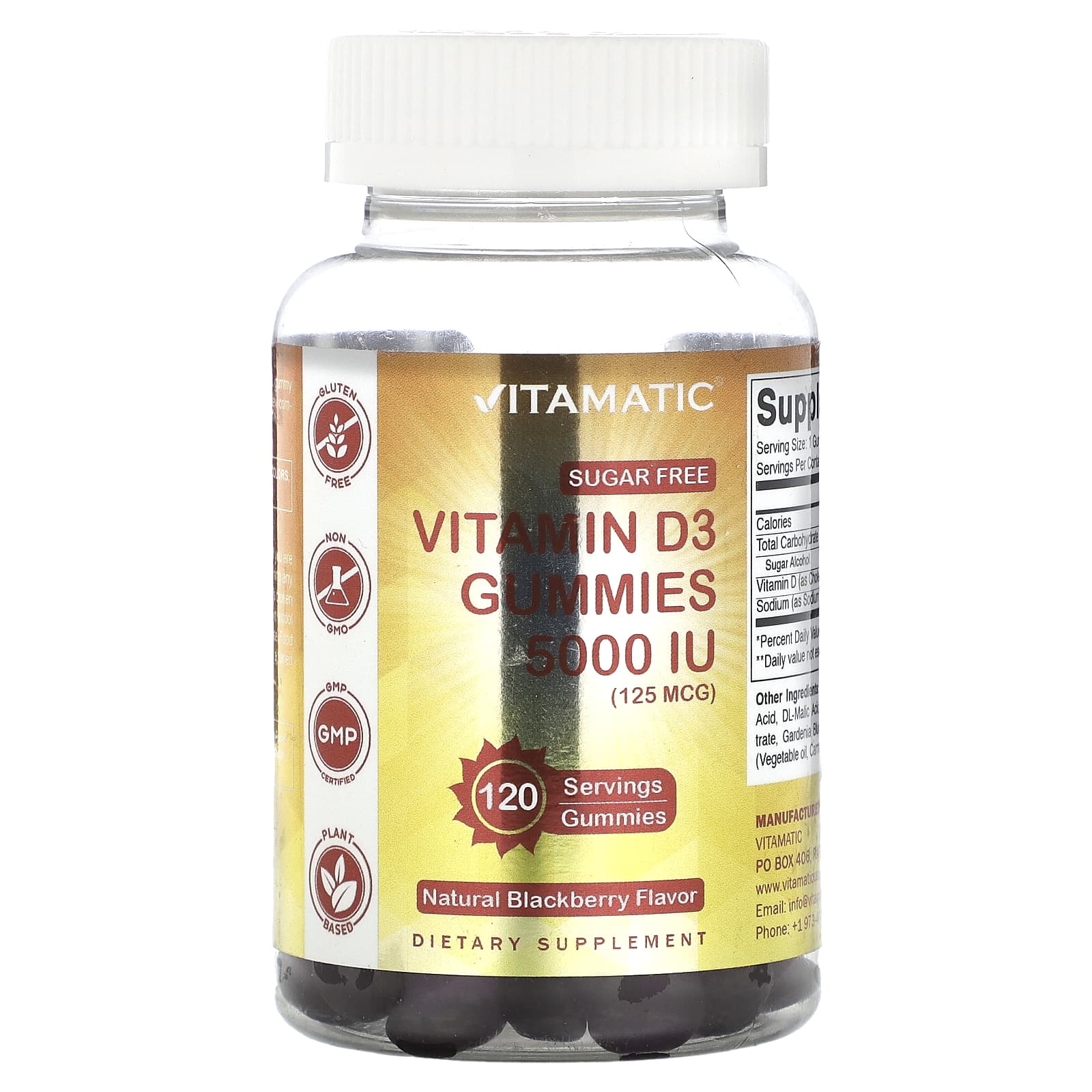 Vitamatic, Sugar Free Vitamin D3 Gummies, Natural Blackberry, 125 mcg (5,000 IU ), 120 Gummies - Image 1