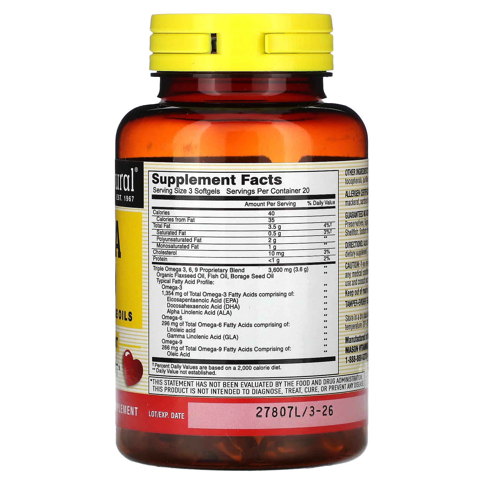 Mason Natural, Omega 3-6-9, Fish, Flax & Borage Oils, 60 Softgels - Image 2
