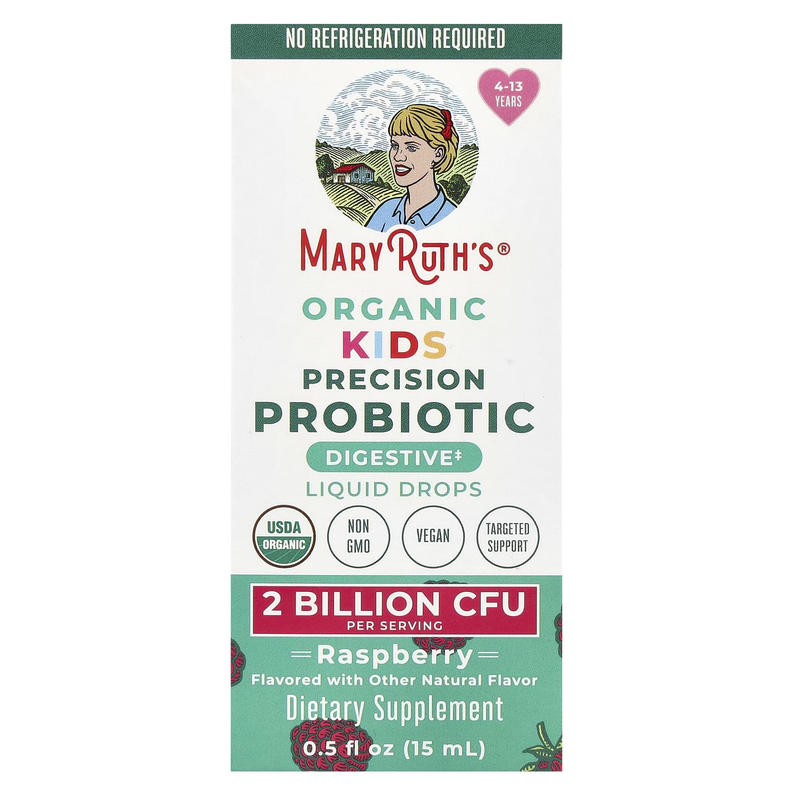 MaryRuth's, Organic Kids Precision Probiotic, Liquid Drops, 4-13 Years, Raspberry, 2 Billion CFU , 0.5 fl oz (15 ml) - Image 1