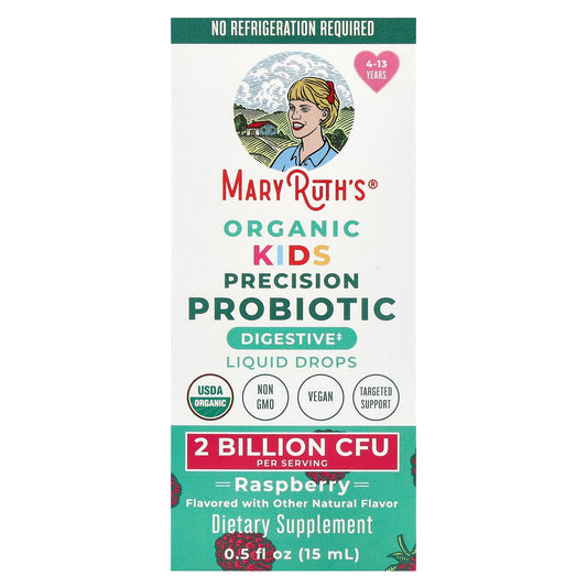 MaryRuth's, Organic Kids Precision Probiotic, Liquid Drops, 4-13 Years, Raspberry, 2 Billion CFU , 0.5 fl oz (15 ml) - Image 1