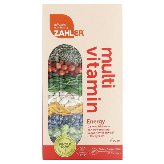 Zahler, Mutivitamin Energy, Daily Multi + Energy Boosting Support with enXtra & Cordyceps, 60 Capsules - Image 1