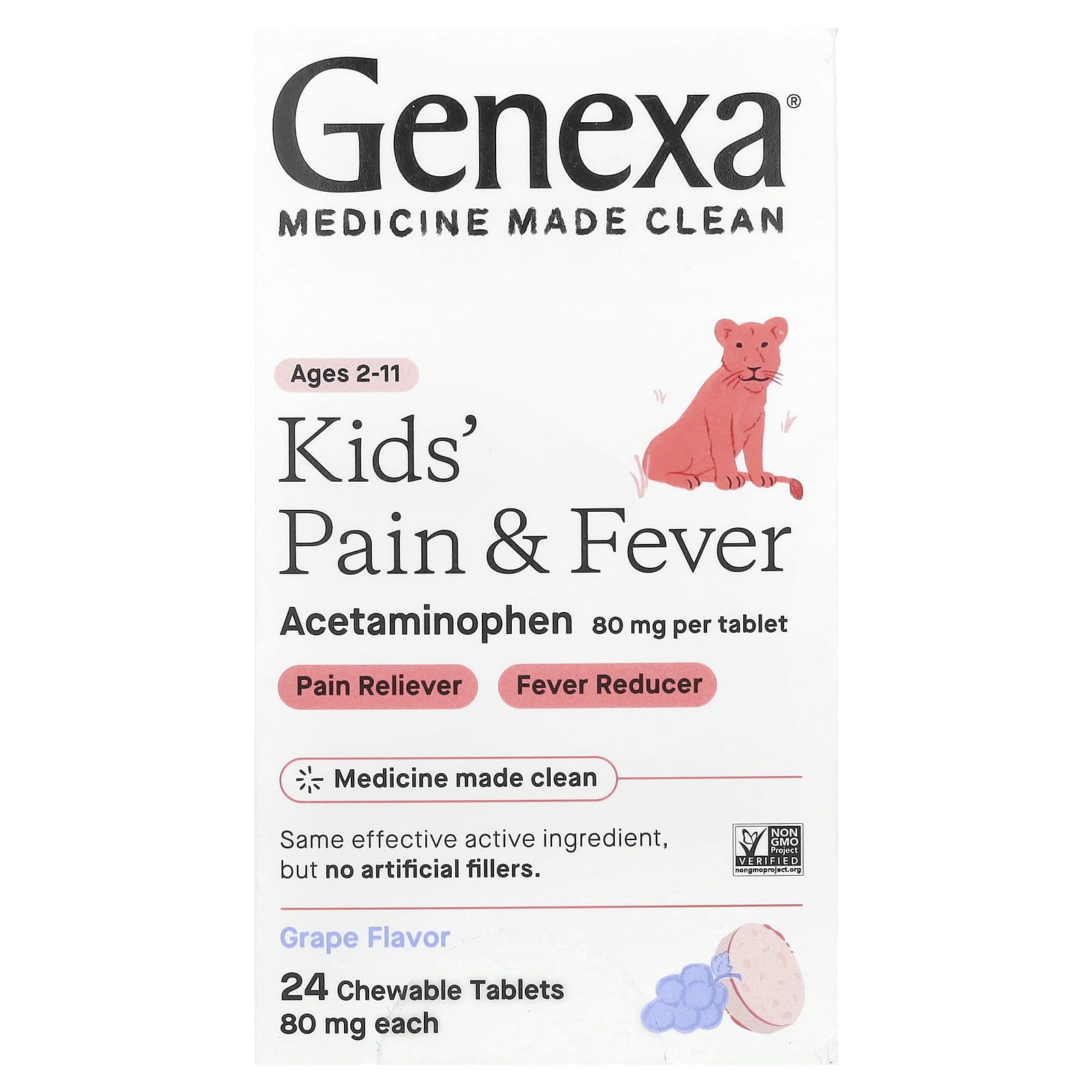 Genexa Kids' Pain & Fever Relief, Grape, 80 mg, 24 Chewable Tablets - Image 1