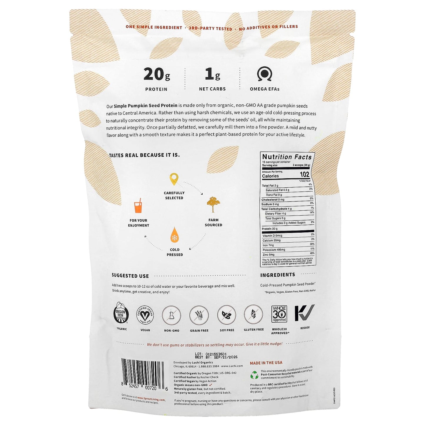 Sprout Living, Simple Pumpkin Seed Protein, 1 lb (450 g) - Image 2