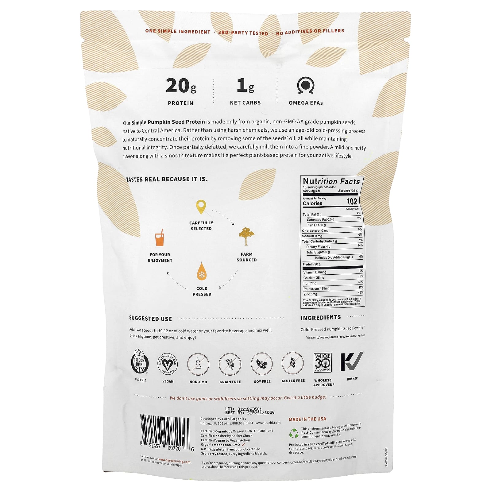 Sprout Living, Simple Pumpkin Seed Protein, 1 lb (450 g) - Image 2