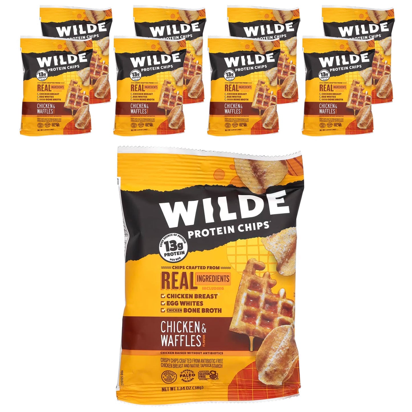 Wilde Brands, Protein Chips, Chicken & Waffles, 8 Bags, 1.34 oz (38 g) Each - Image 1
