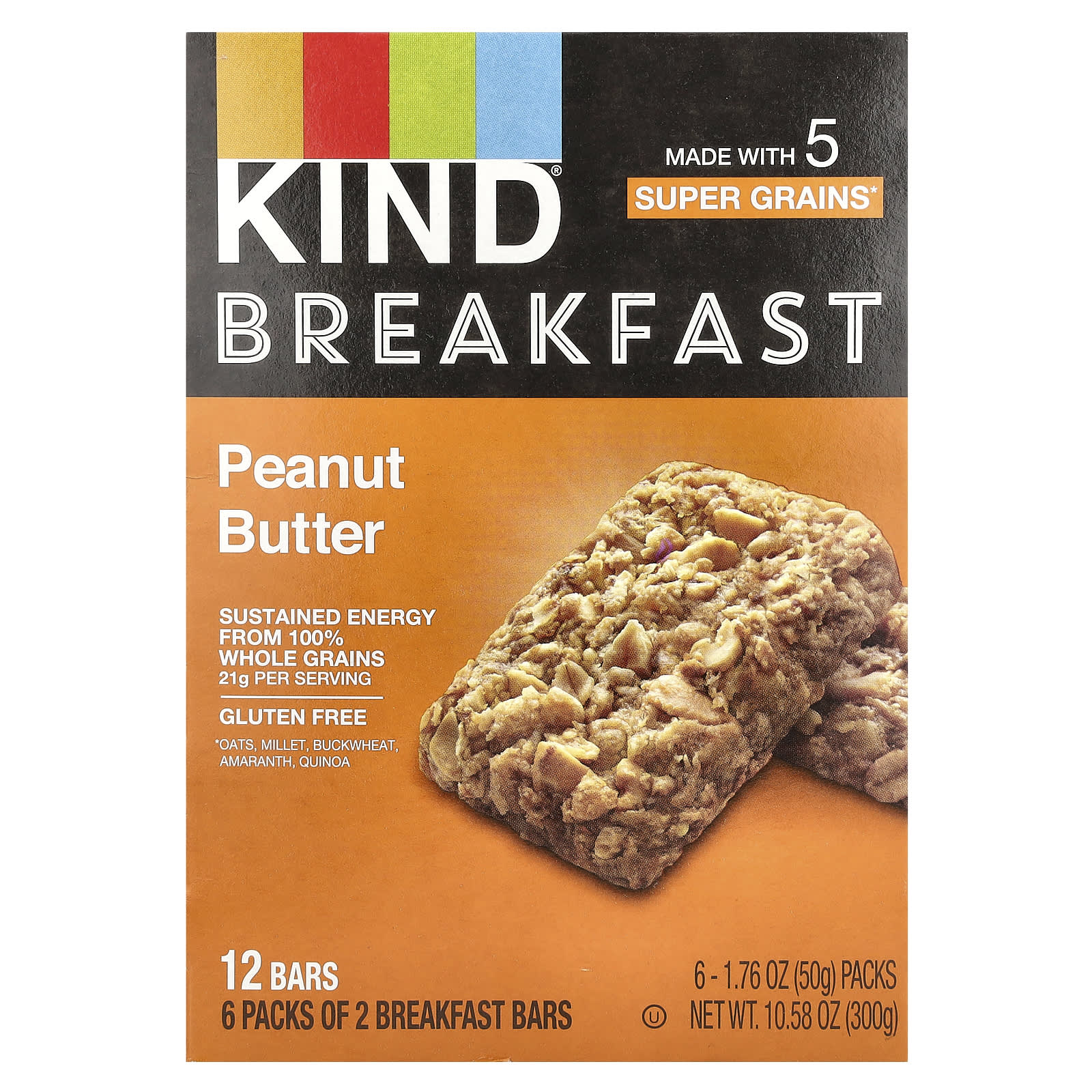 KIND Bars, Breakfast Bar, Peanut Butter, 6 Packs, 1.76 oz (50 g) Each - Image 1