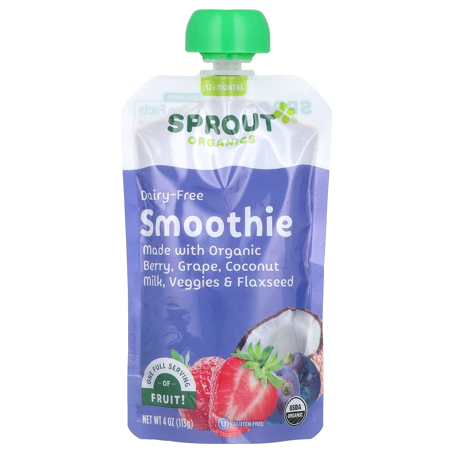 Sprout Organics, Baby Food, Dairy-Free Smoothie, 12 Months & Up , Berry, Grape, Coconut Milk, Veggies & Flaxseed, 4 oz (113 g) - Image 1