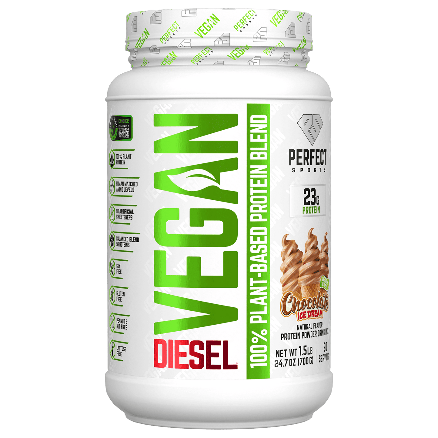 PERFECT Sports, Vegan Diesel, 100% Plant-Based Protein Blend, Chocolate Ice Cream, 1.5 lb (700 g)