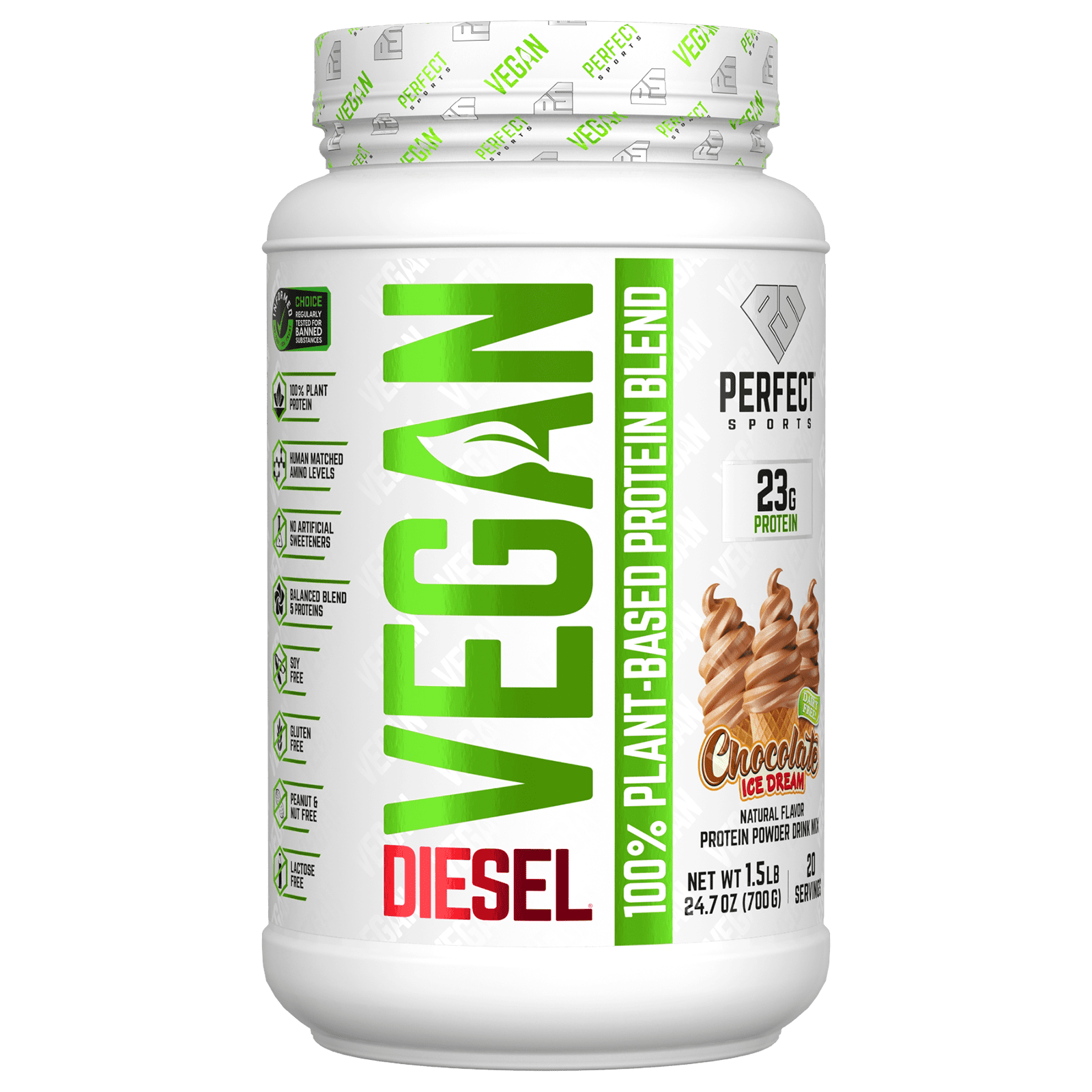PERFECT Sports, Vegan Diesel, 100% Plant-Based Protein Blend, Chocolate Ice Cream, 1.5 lb (700 g)