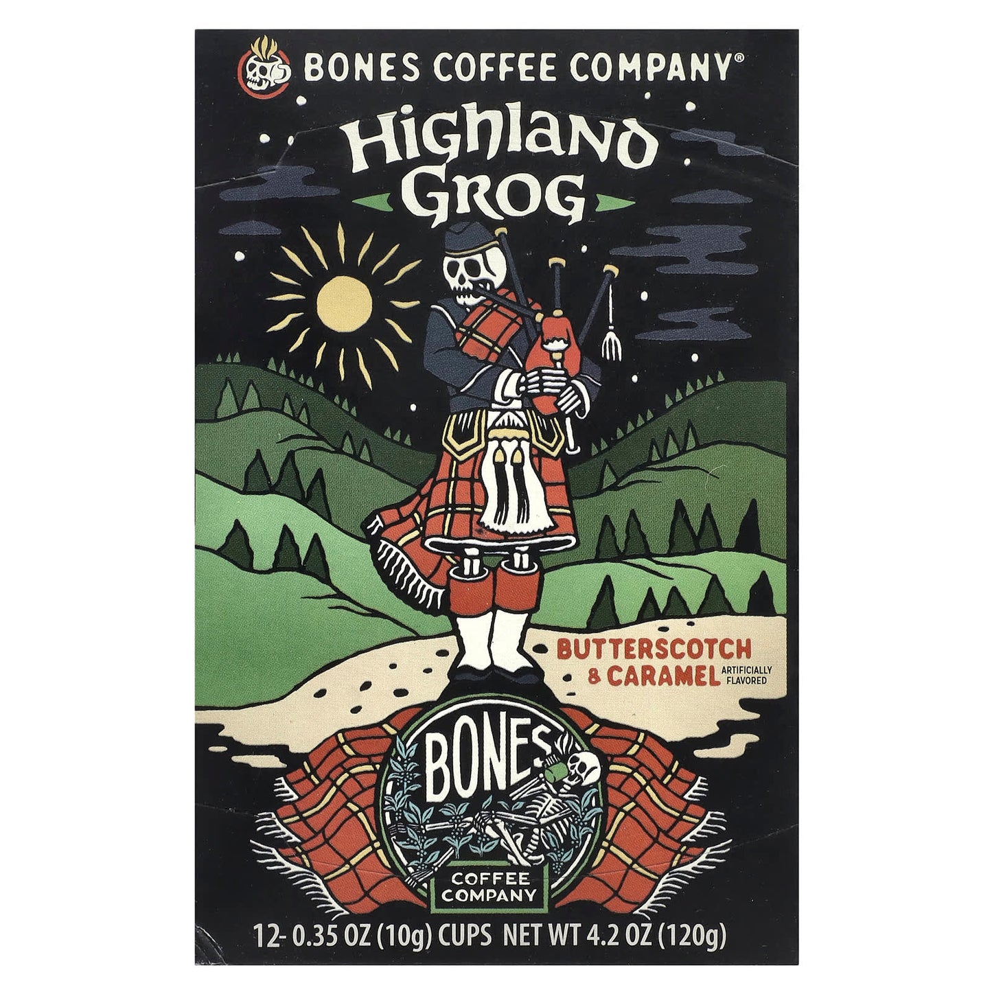 Bones Coffee Highland Grog, 12 Cups, Butterscotch & Caramel Flavor - Image 1