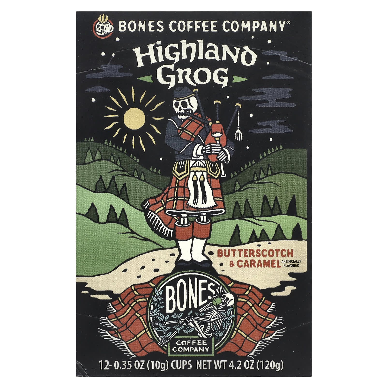Bones Coffee Highland Grog, 12 Cups, Butterscotch & Caramel Flavor - Image 1