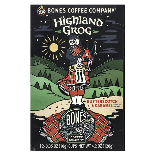 Bones Coffee Highland Grog, 12 Cups, Butterscotch & Caramel Flavor - Image 1