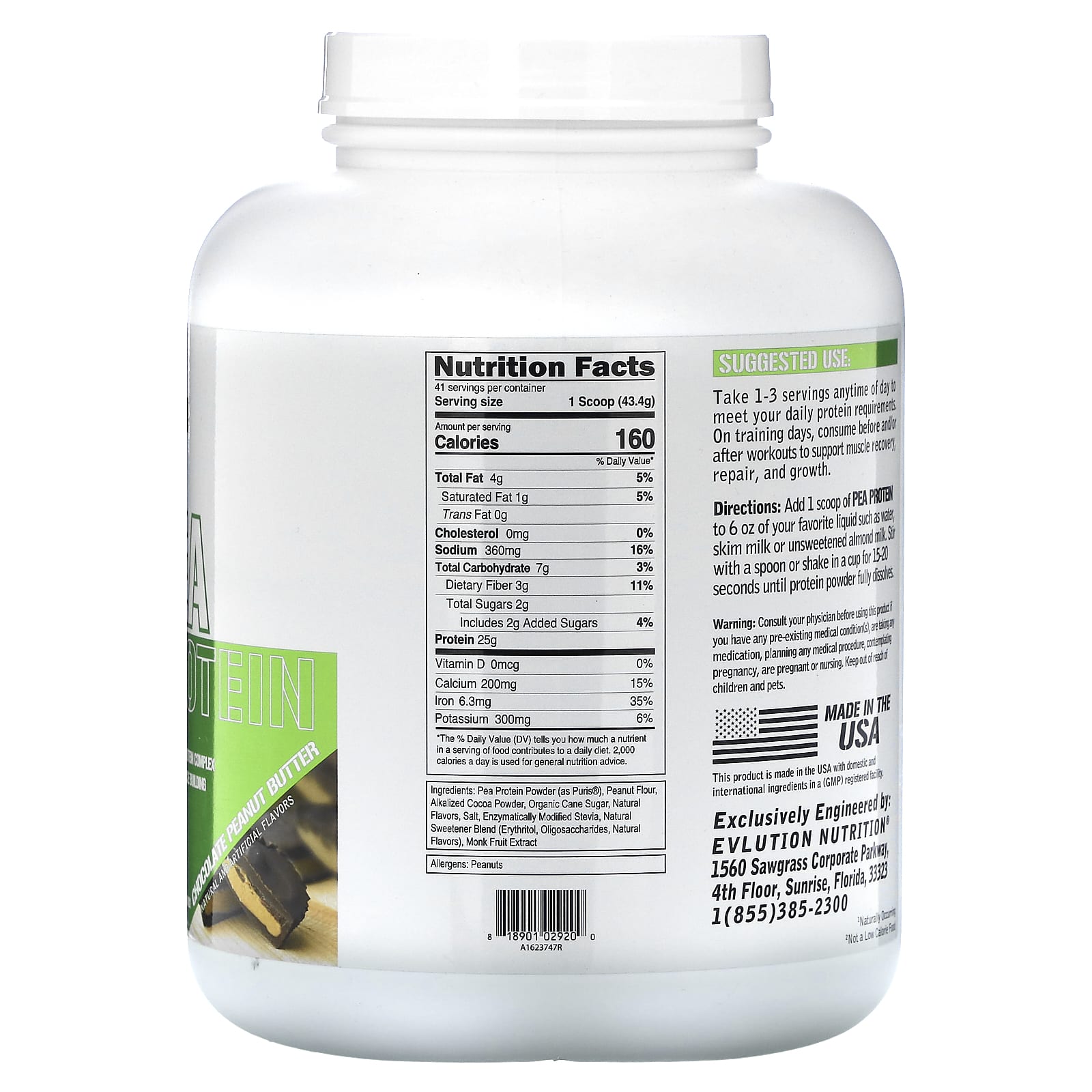 EVLution Nutrition Chocolate Peanut Butter Pea Protein Powder 4lb - Image 2