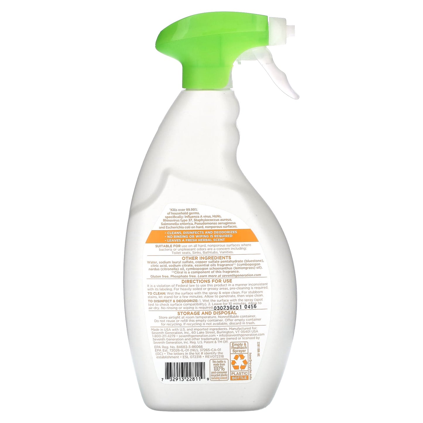 Seventh Generation, Disinfecting Bathroom Cleaner, Lemongrass Citrus, 26 fl oz (768 ml) - Image 2