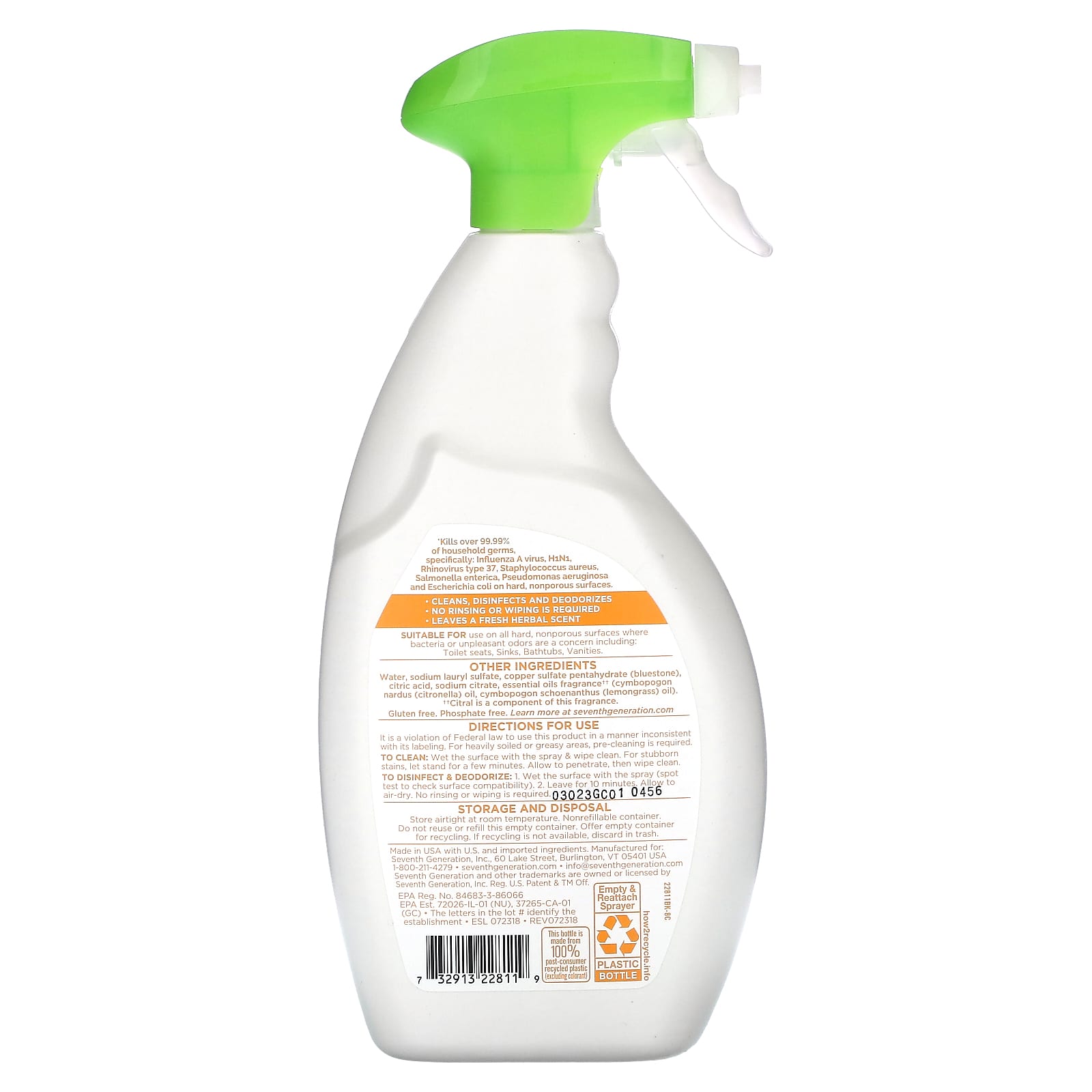 Seventh Generation, Disinfecting Bathroom Cleaner, Lemongrass Citrus, 26 fl oz (768 ml) - Image 2