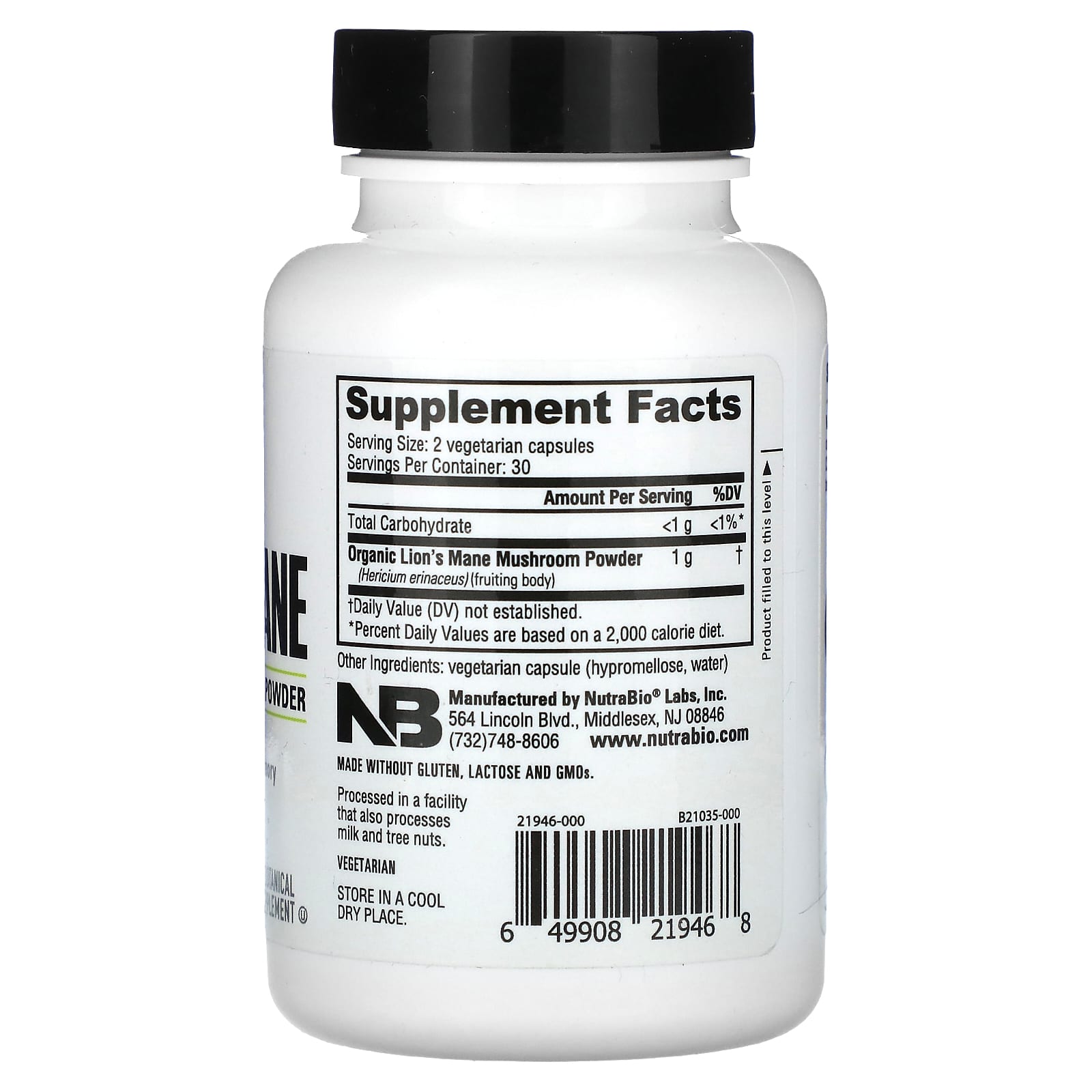 NutraBio, Organic Lions Mane, 60 Capsules (0.5 g per Capsule) - Image 2