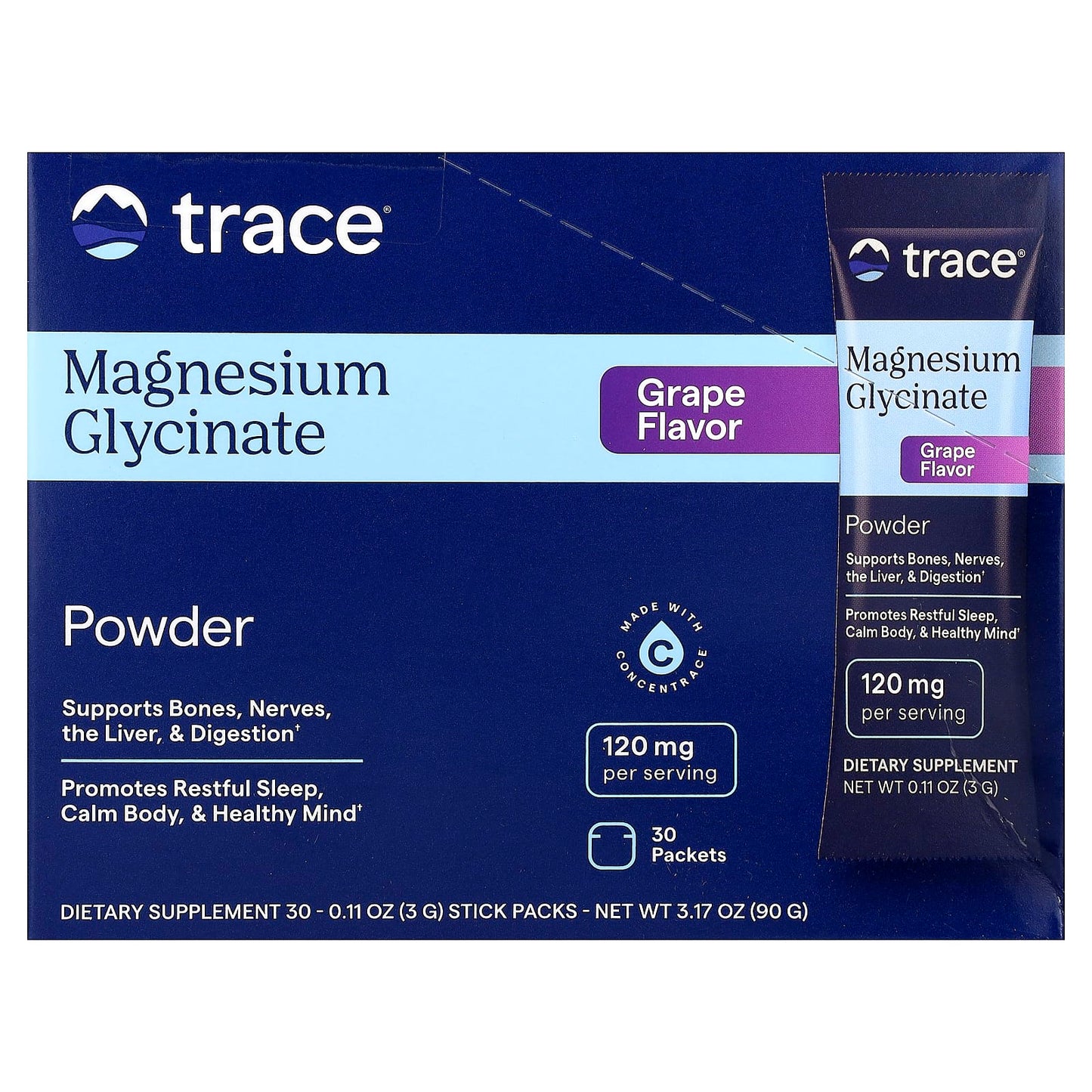 Trace, Magnesium Glycinate Powder, Grape, 30 Packets, 0.11 oz (3 g) Each - Image 1