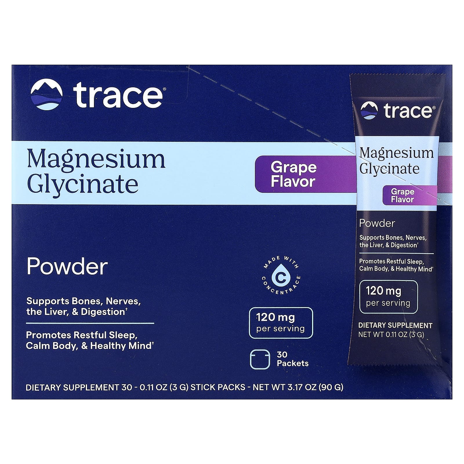 Trace, Magnesium Glycinate Powder, Grape, 30 Packets, 0.11 oz (3 g) Each - Image 1