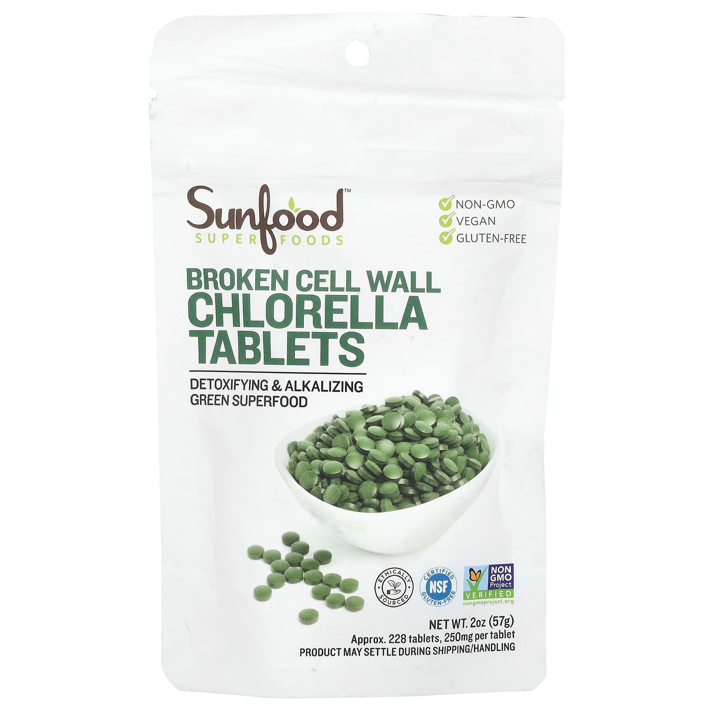 Sunfood, Broken Cell Wall Chlorella Tablets, 250 mg, Approx. 228 Tablets, 2 oz (57 g) - Image 1