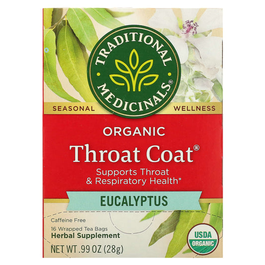 Traditional Medicinals, Organic Throat Coat, Eucalyptus, Caffeine Free, 16 Wrapped Tea Bags, 0.99 oz (28 g) - Image 1