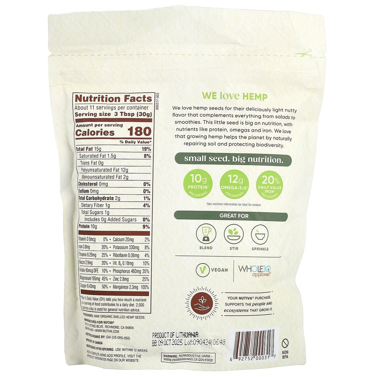 Nutiva, Organic Hemp Seeds, Raw Shelled, 12 oz (340 g) - Image 2