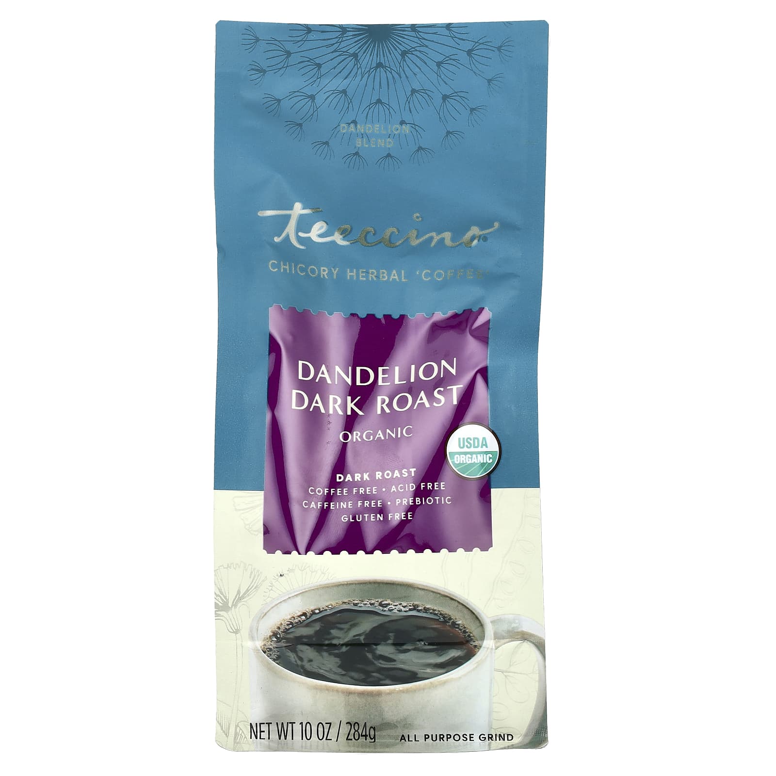 Teeccino, Organic Chicory Herbal Coffee, Dandelion, Dark Roast, Caffeine Free, 10 oz (284 g) - Image 1