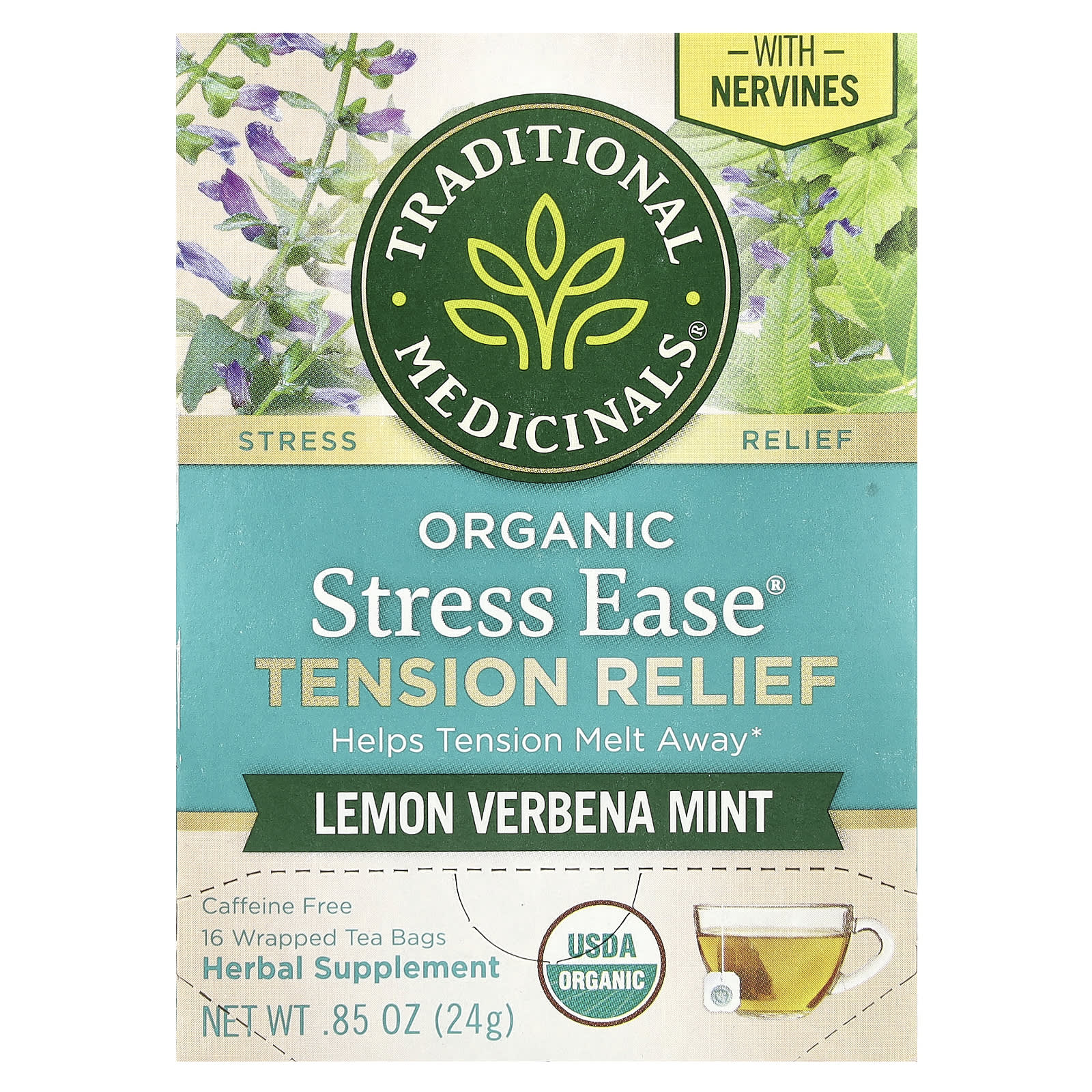 Traditional Medicinals, Organic Stress Ease® Tension Relief, Lemon Verbena Mint, Caffeine Free, 16 Wrapped Tea Bags, 0.85 oz (24 g) - Image 1