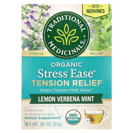 Traditional Medicinals, Organic Stress Ease® Tension Relief, Lemon Verbena Mint, Caffeine Free, 16 Wrapped Tea Bags, 0.85 oz (24 g) - Image 1