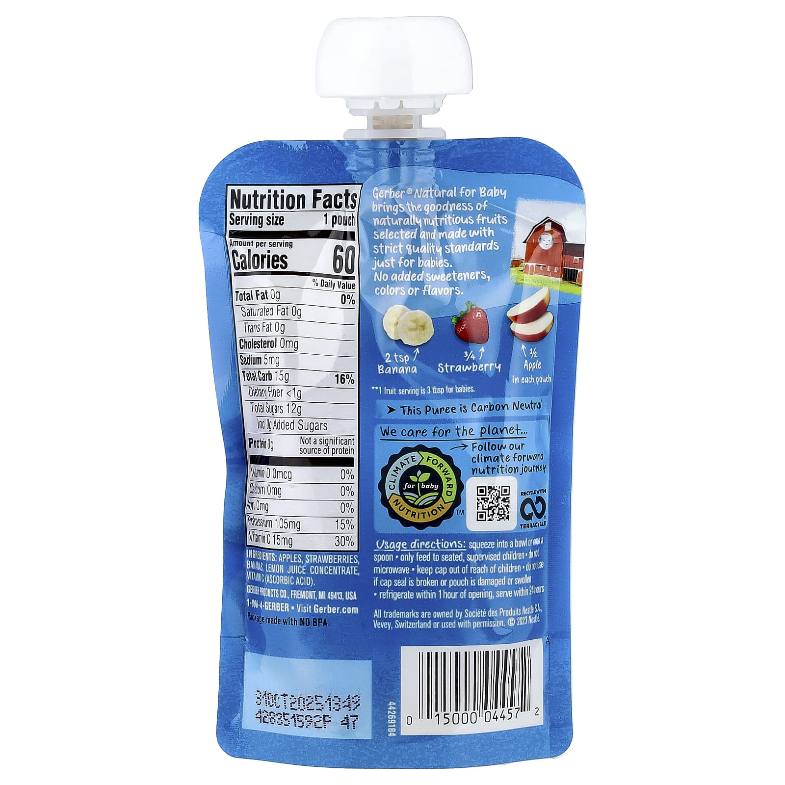 Gerber Natural 2nd Foods Baby Fruit Puree Pouches, Apple, Strawberry & Banana - Image 2