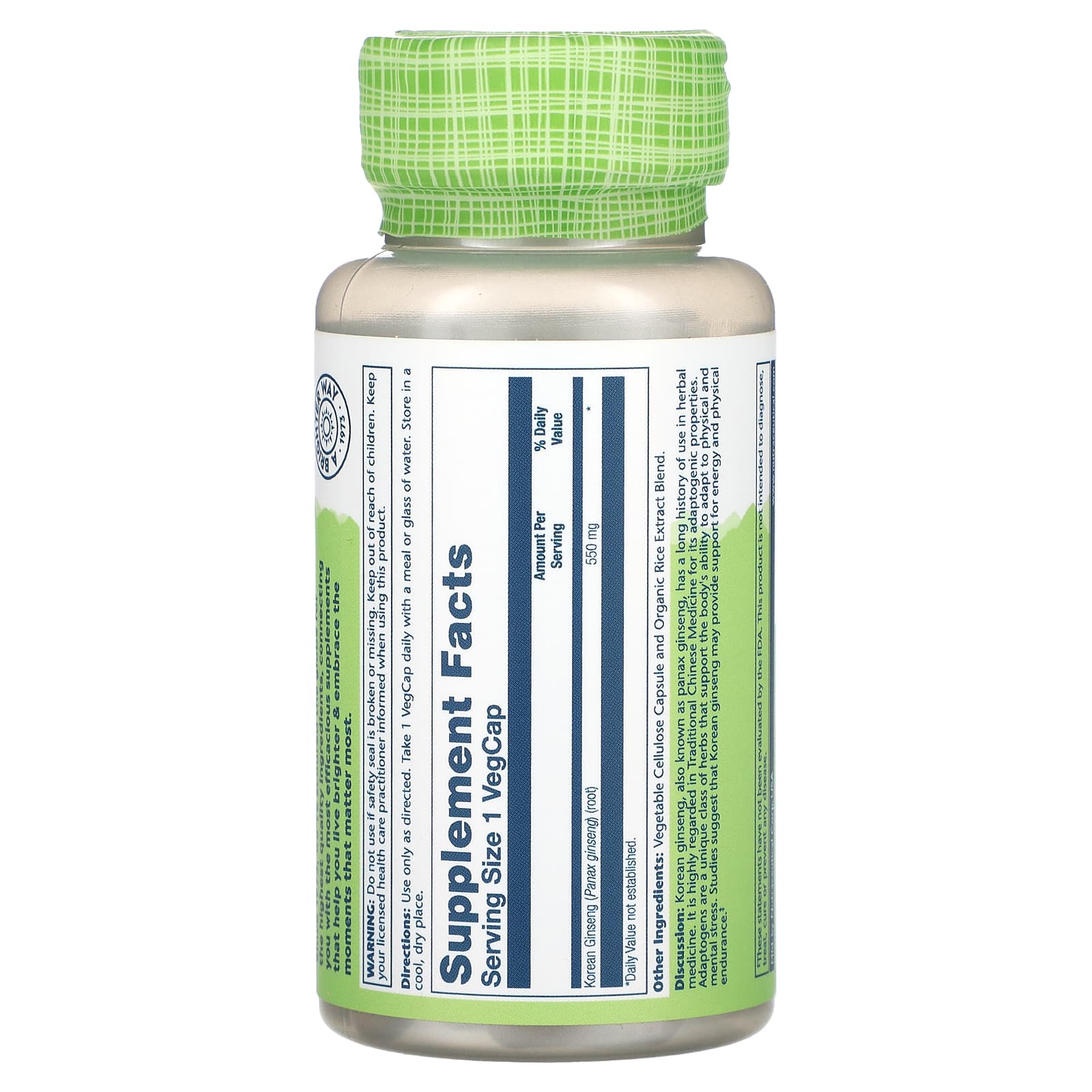 Solaray, True Herbs, Korean Ginseng, 550 mg, 50 VegCaps - Image 2