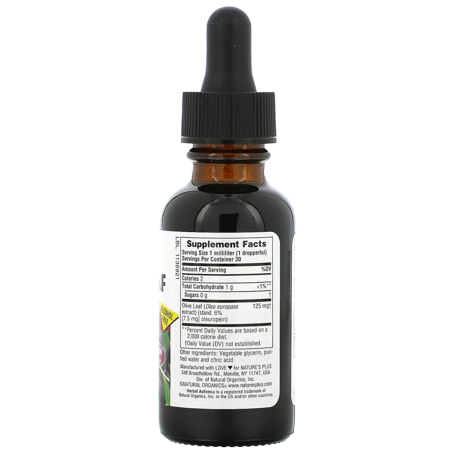 NaturesPlus, Herbal Actives, Olive Leaf, Alcohol Free, 125 mg, 1 fl oz (30 ml)
