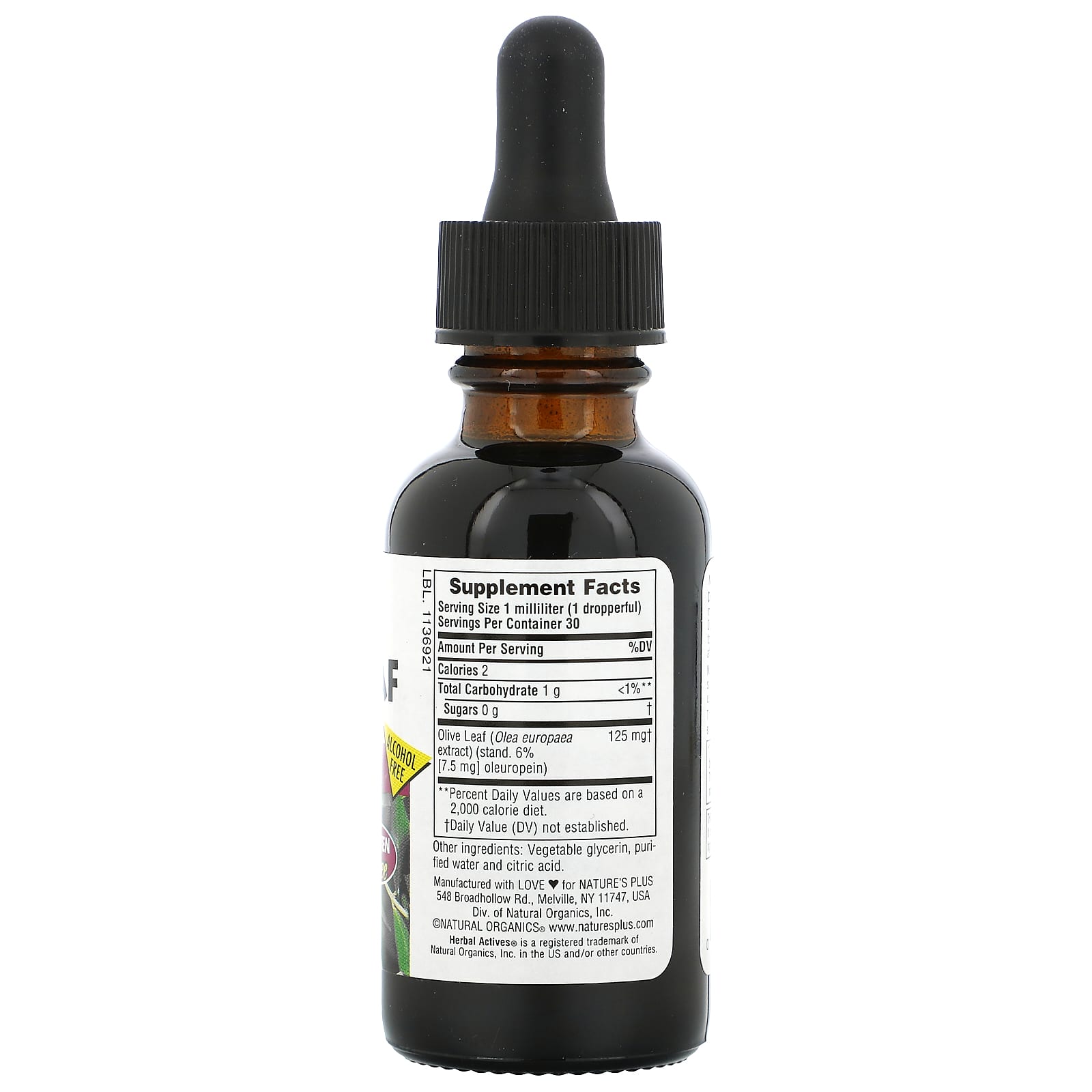 NaturesPlus, Herbal Actives, Olive Leaf, Alcohol Free, 125 mg, 1 fl oz (30 ml)
