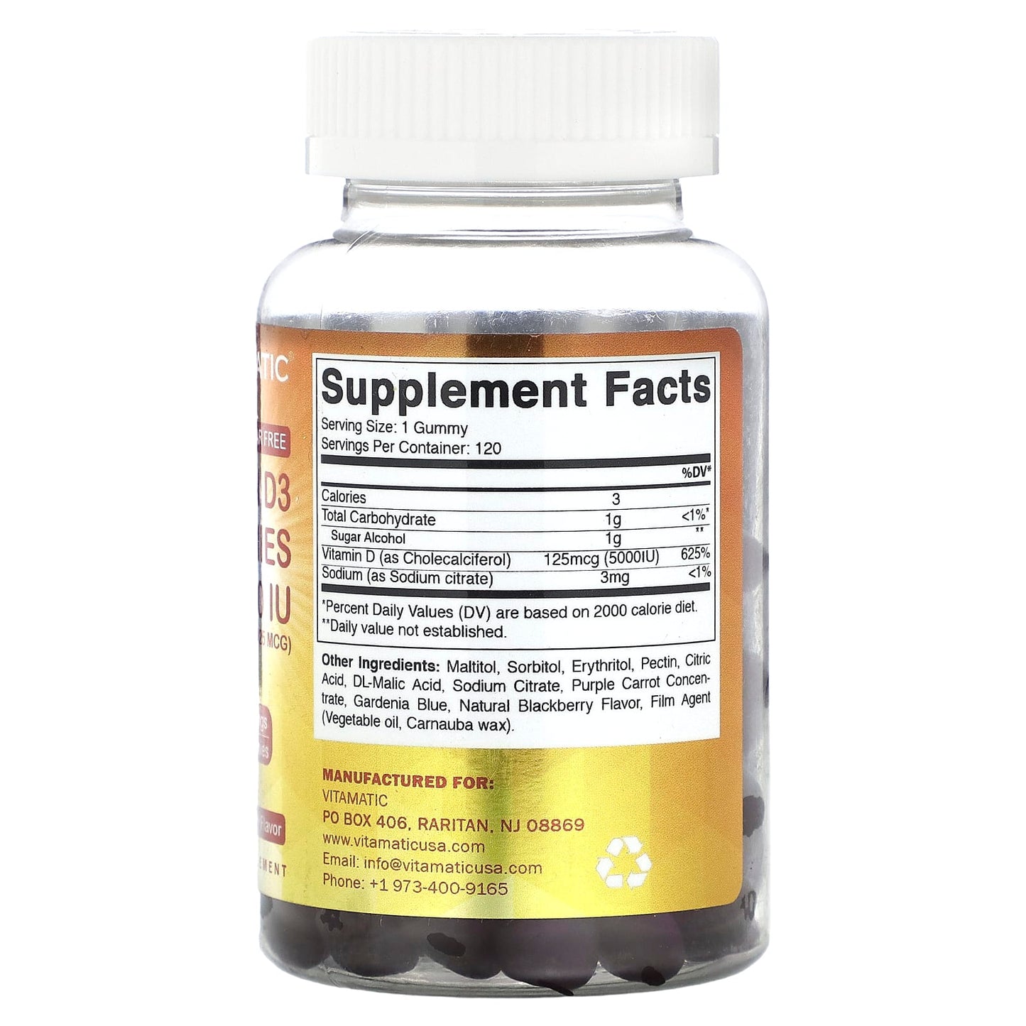 Vitamatic, Sugar Free Vitamin D3 Gummies, Natural Blackberry, 125 mcg (5,000 IU ), 120 Gummies - Image 2