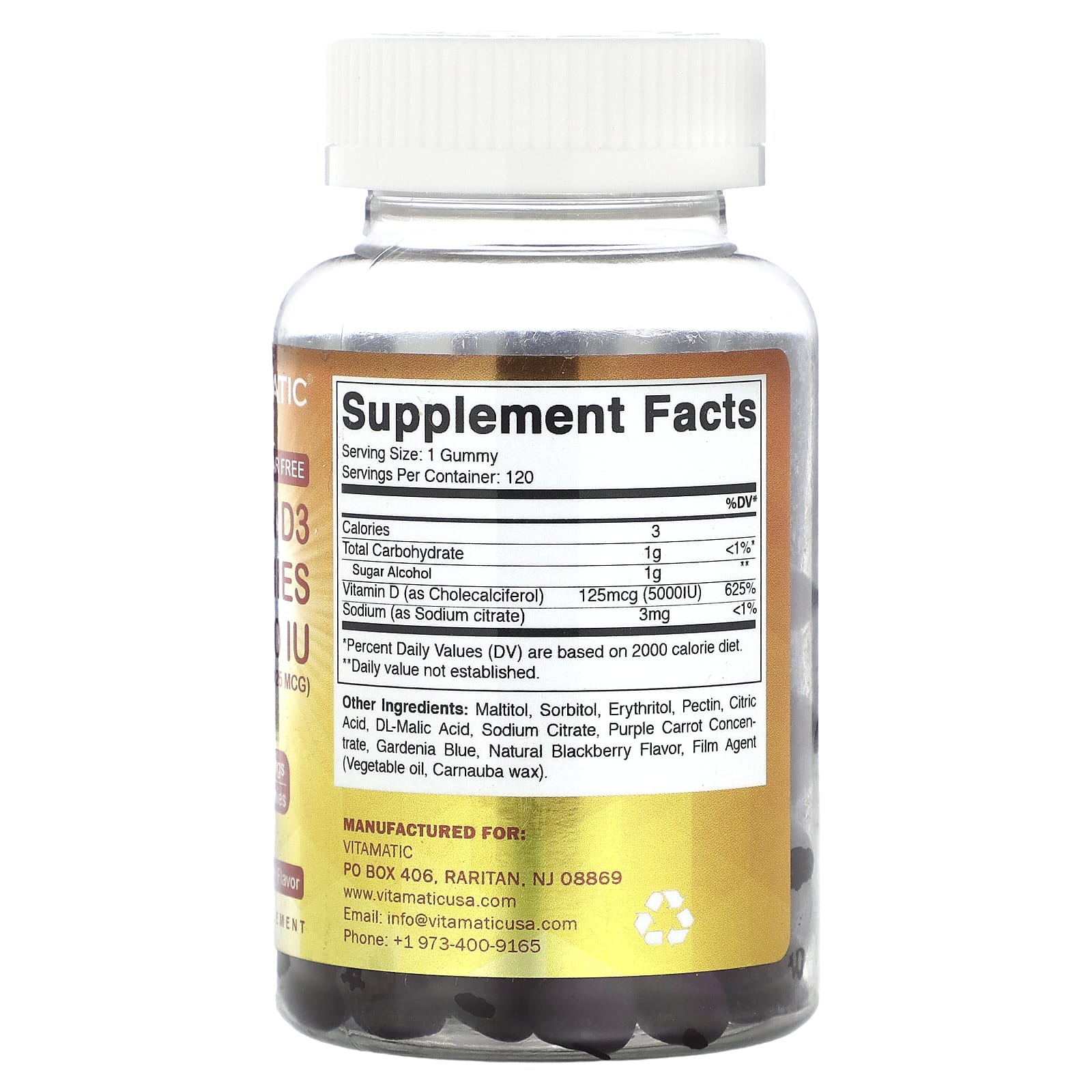 Vitamatic, Sugar Free Vitamin D3 Gummies, Natural Blackberry, 125 mcg (5,000 IU ), 120 Gummies - Image 2