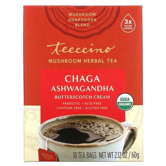 Teeccino, Mushroom Herbal Tea, Chaga Ashwagandha, Butterscotch Cream, Caffeine Free, 10 Tea Bags, 2.12 oz (60 g)