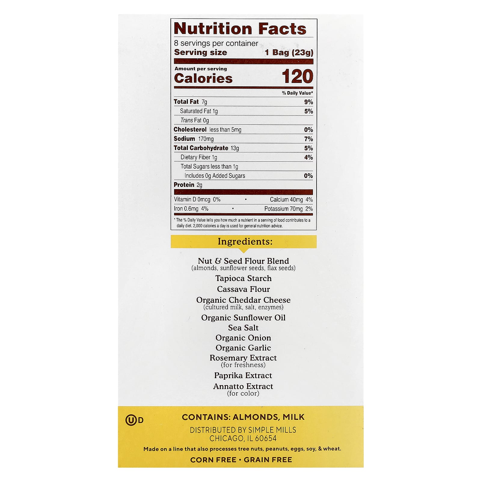 Simple Mills, Almond Flour Crackers, Farmhouse Cheddar, 8 Packs, 0.8 oz (23 g) Each - Image 2