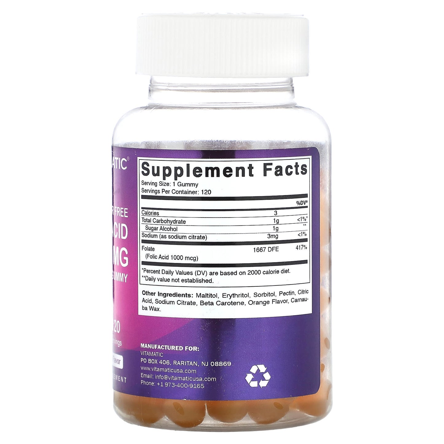 Vitamatic, Sugar Free Folic Acid, Natural Orange, 1 mg, 120 Gummies - Image 2