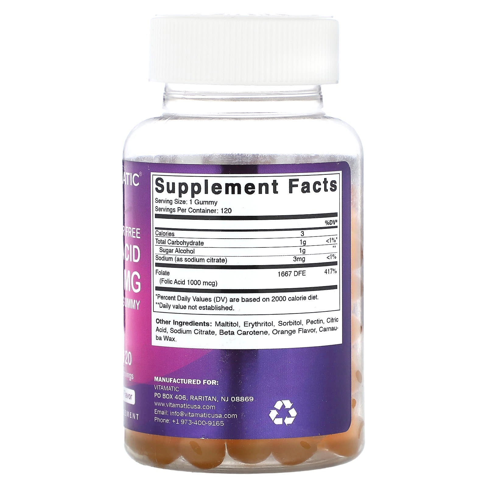 Vitamatic, Sugar Free Folic Acid, Natural Orange, 1 mg, 120 Gummies - Image 2