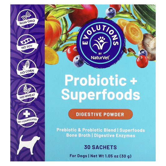 NaturVet, Probiotics + Superfoods, Digestive Powder, For Dogs, 30 Sachets, 0.03 oz (1 g) Each - Image 1