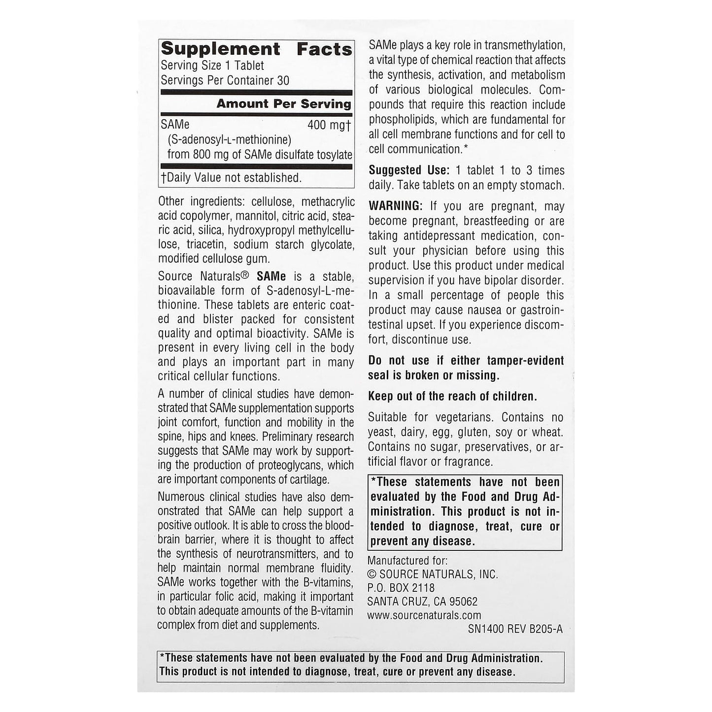Source Naturals, SAMe , 400 mg, 30 Enteric Coated Tablets - Image 2