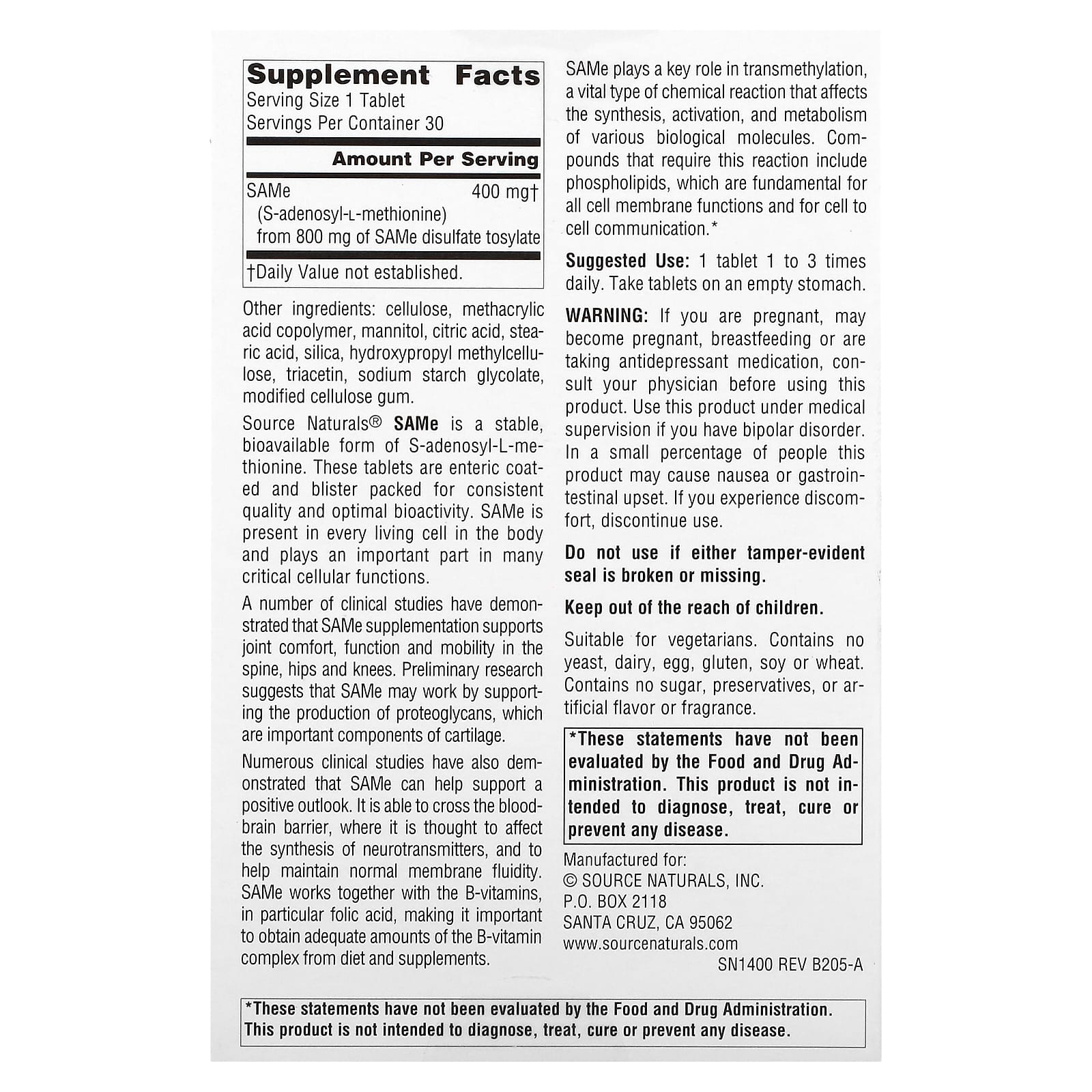 Source Naturals, SAMe , 400 mg, 30 Enteric Coated Tablets - Image 2
