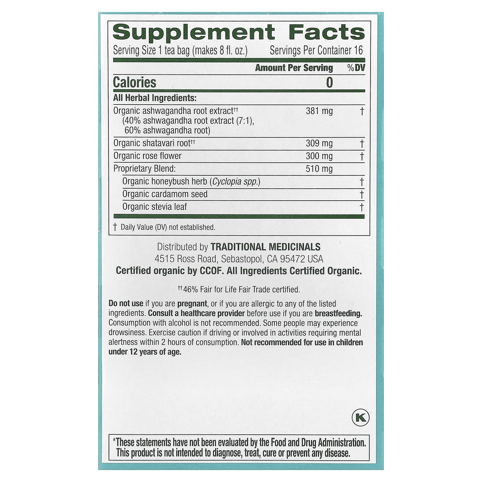 Traditional Medicinals, Organic Stress Ease® Calm, Ashwagandha & Honeybush, Caffeine Free, 16 Wrapped Tea Bags, 0.85 oz (24 g) - Image 2