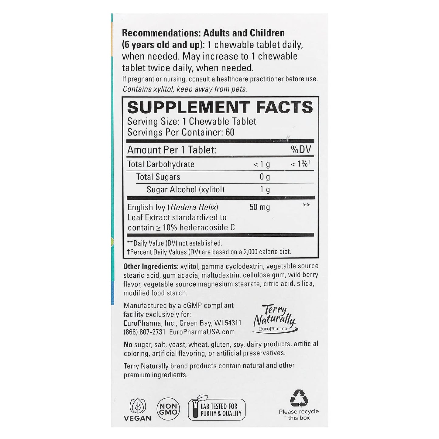 Terry Naturally, Bronchial Clear™, Ivy Leaf Extract, 60 Chewable Tablets (50 mg per Tablet) - Image 2