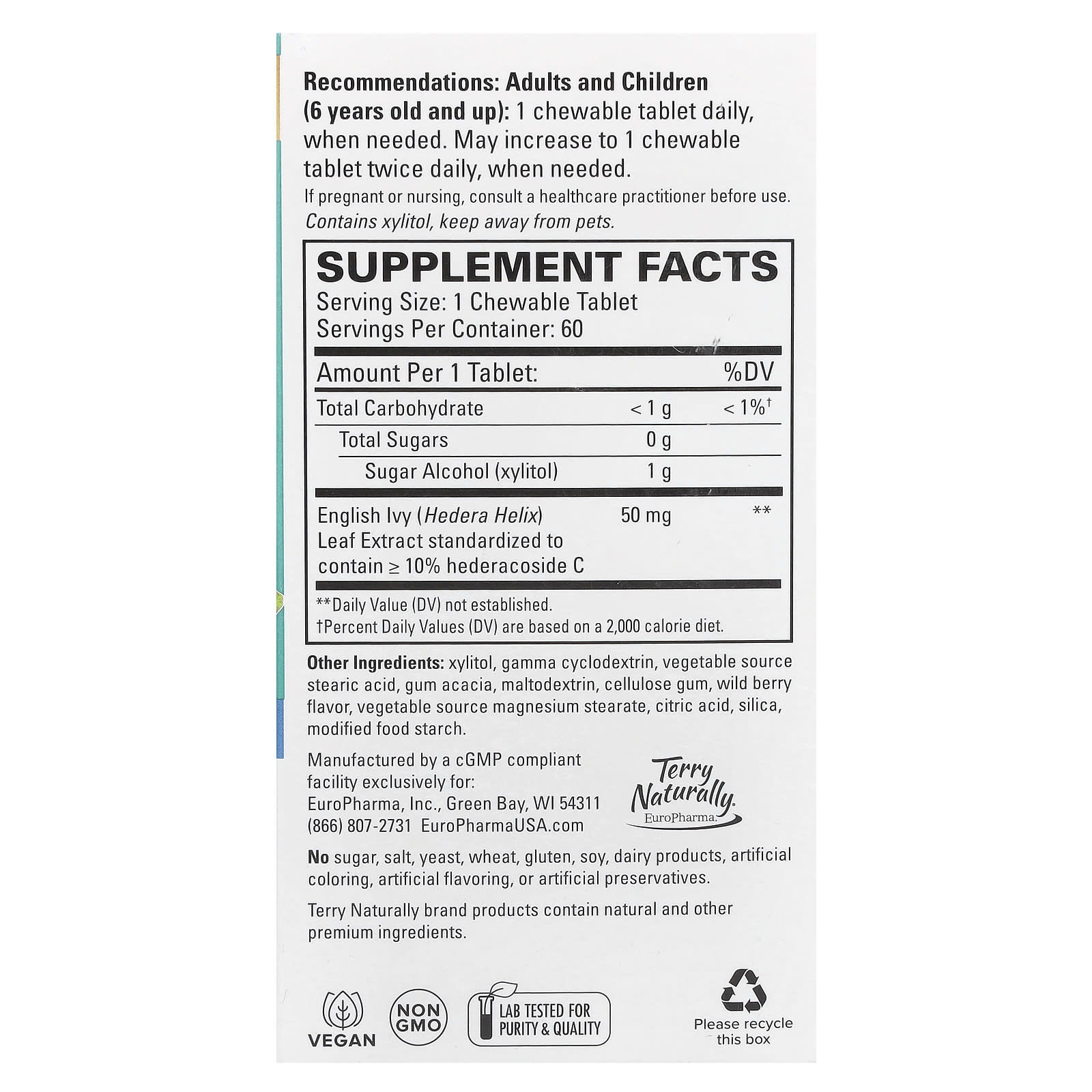 Terry Naturally, Bronchial Clear™, Ivy Leaf Extract, 60 Chewable Tablets (50 mg per Tablet) - Image 2