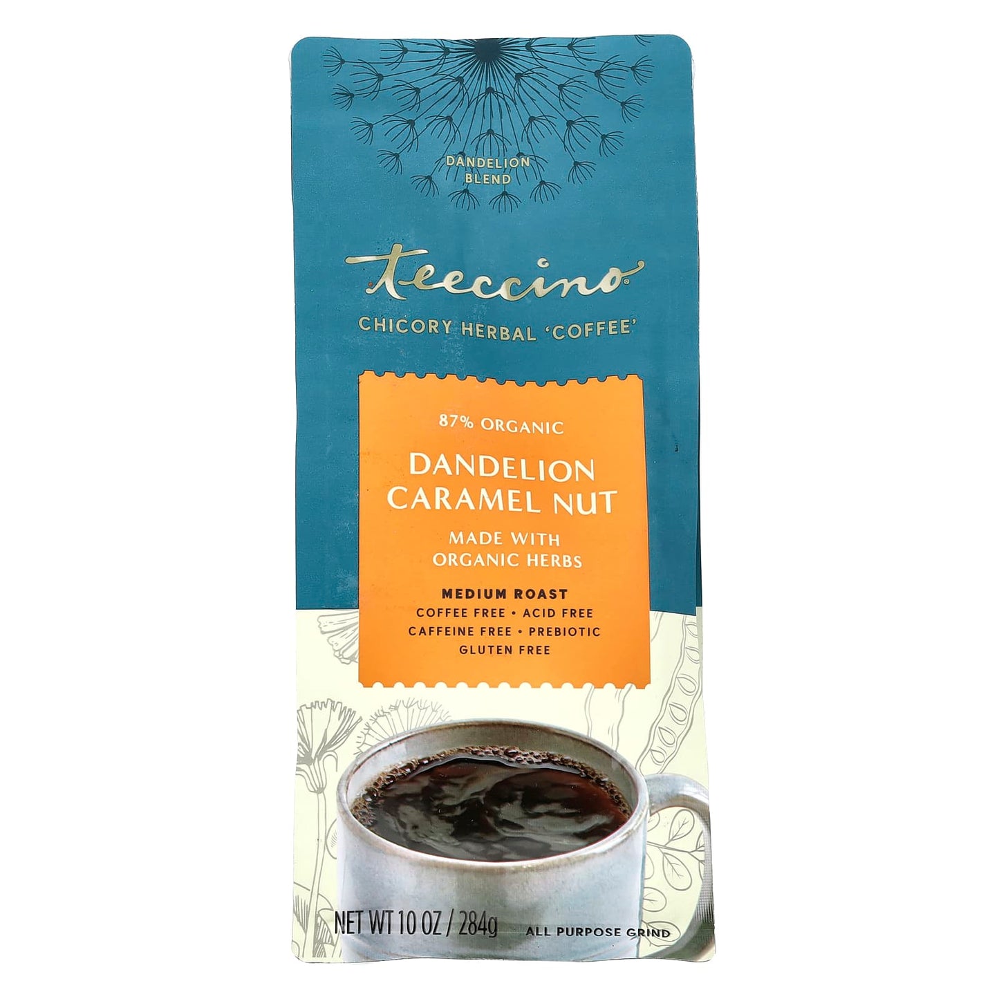 Teeccino, Chicory Herbal Coffee, Dandelion Caramel Nut, Medium Roast, Caffeine Free, 10 oz (284 g) - Image 1