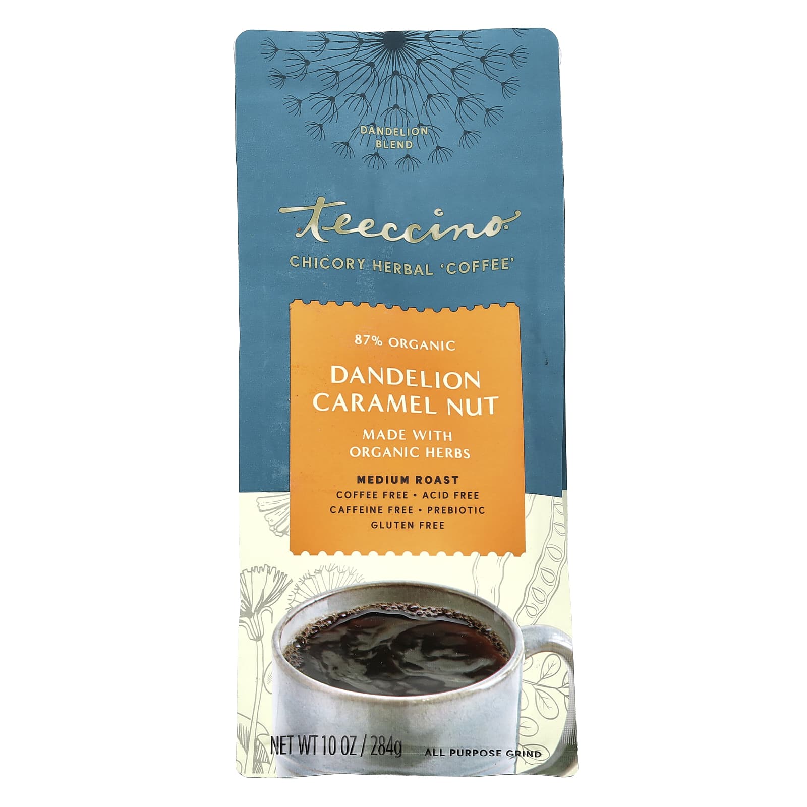 Teeccino, Chicory Herbal Coffee, Dandelion Caramel Nut, Medium Roast, Caffeine Free, 10 oz (284 g) - Image 1